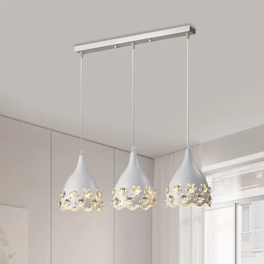 White Metal Teardrop Pendant Light With Flower Crystal Deco Edge - Modern 3 Ceiling Lamp