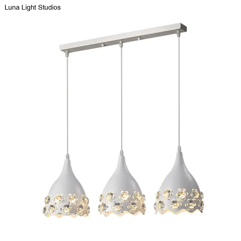 White Metal Teardrop Pendant Light With Flower Crystal Deco Edge - Modern 3 Ceiling Lamp