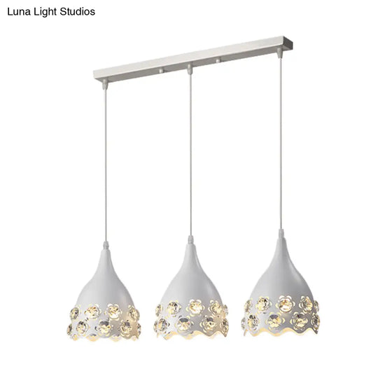 White Metal Teardrop Pendant Light With Flower Crystal Deco Edge - Modern 3 Ceiling Lamp