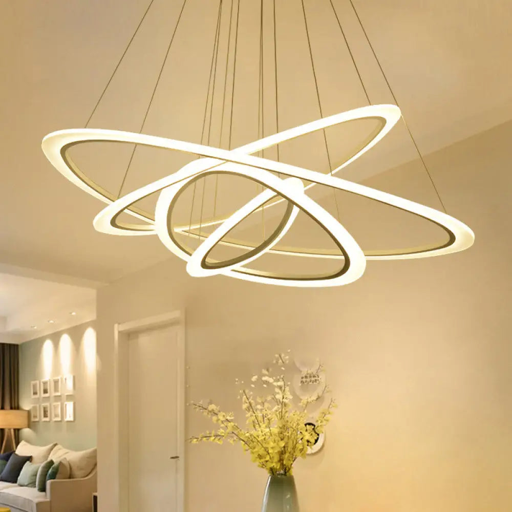 White Metal Triangular Chandelier - Simplicity 4-Ring Led Ceiling Light For Living Room / 33’ Warm