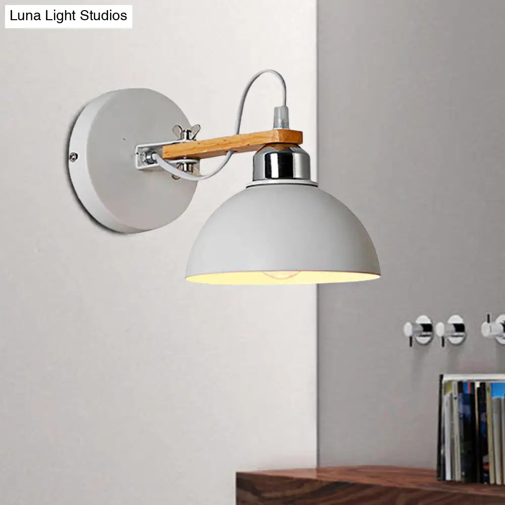 White Metallic And Wood Wall Sconce For Bedroom - Simple Style Bowl-Shaped Light Fixture.