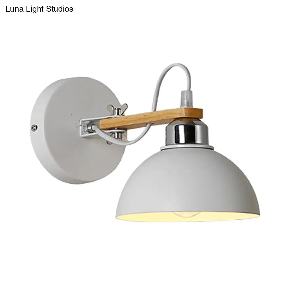 White Metallic And Wood Wall Sconce For Bedroom - Simple Style Bowl-Shaped Light Fixture.