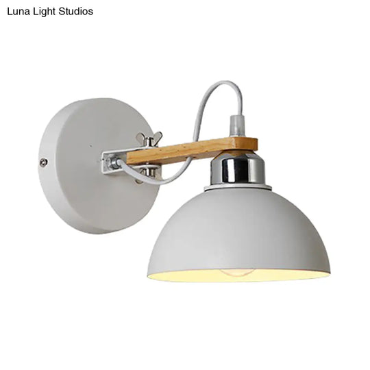 White Metallic And Wood Wall Sconce For Bedroom - Simple Style Bowl-Shaped Light Fixture.