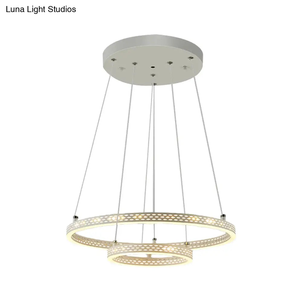 White Metallic Led Minimalist Pendant Chandelier - 2-Tier Hoop Dining Room Down Lighting