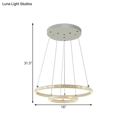 White Metallic Led Minimalist Pendant Chandelier - 2-Tier Hoop Dining Room Down Lighting