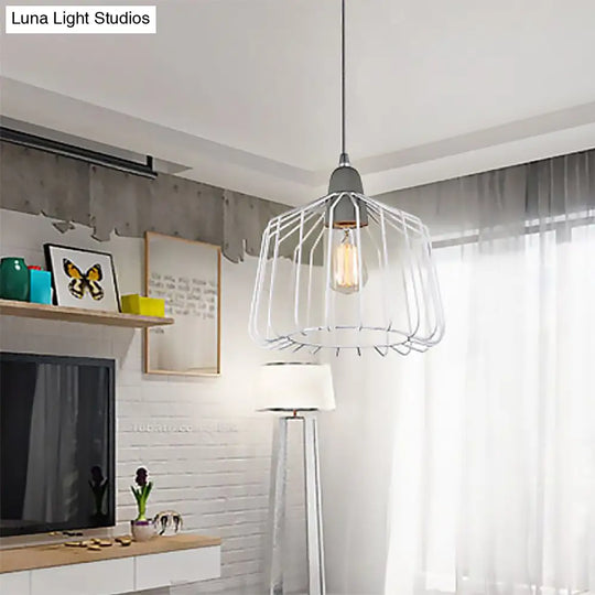 White Metallic Pendulum Light - Minimalist Cage Shade Bedroom Hanging Lamp Kit