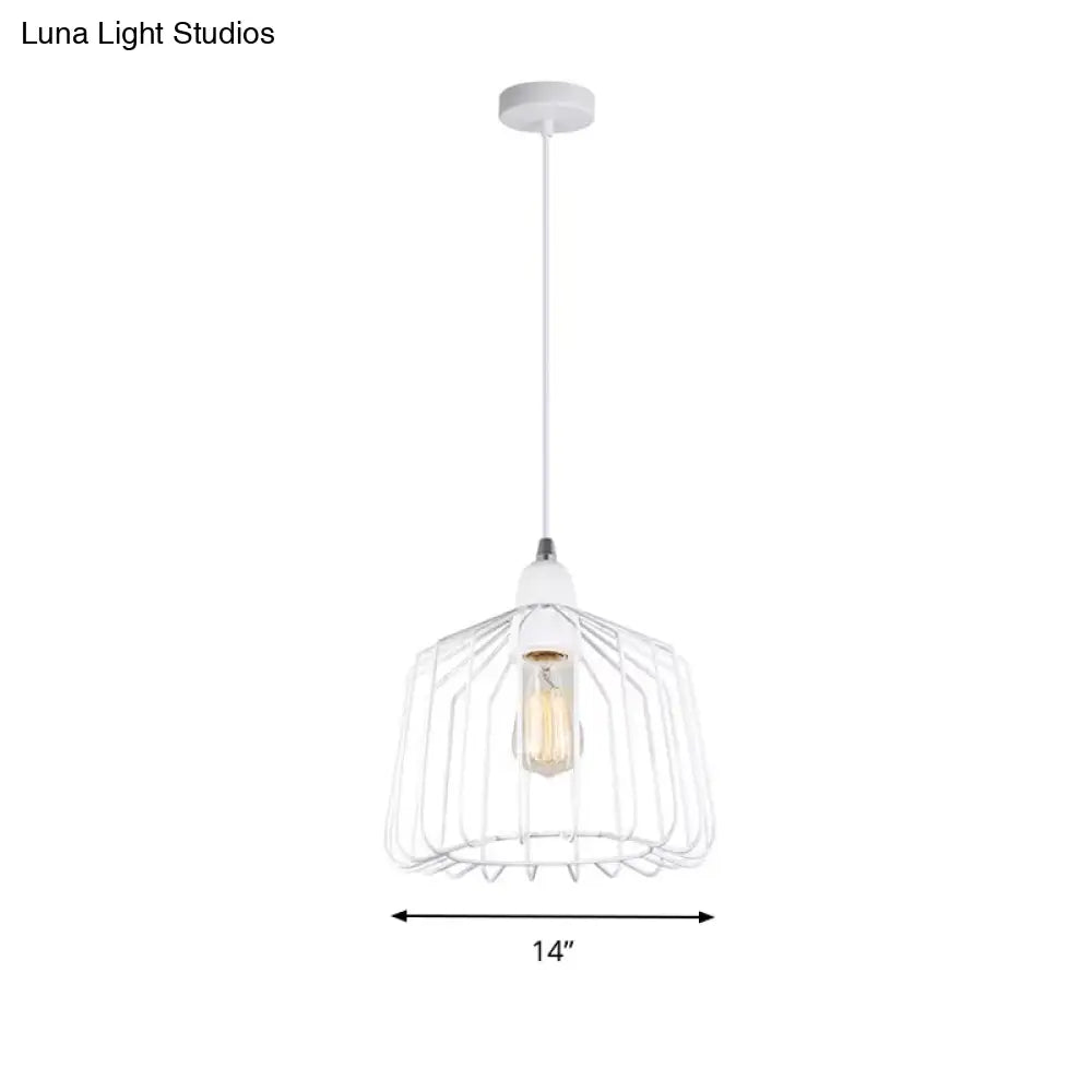 White Metallic Pendulum Light - Minimalist Cage Shade Bedroom Hanging Lamp Kit