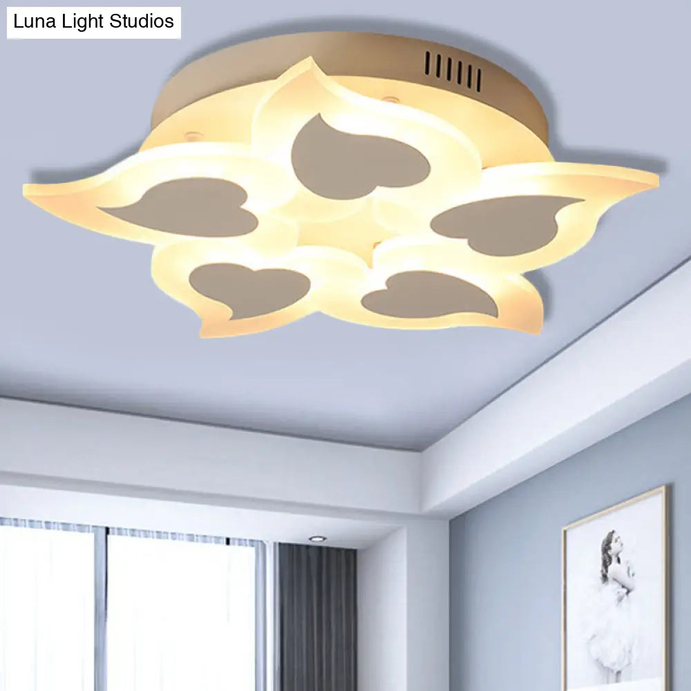 White Modern Baby Room Flush Ceiling Light With Heart Petal Design - Acrylic Pretty Lamp