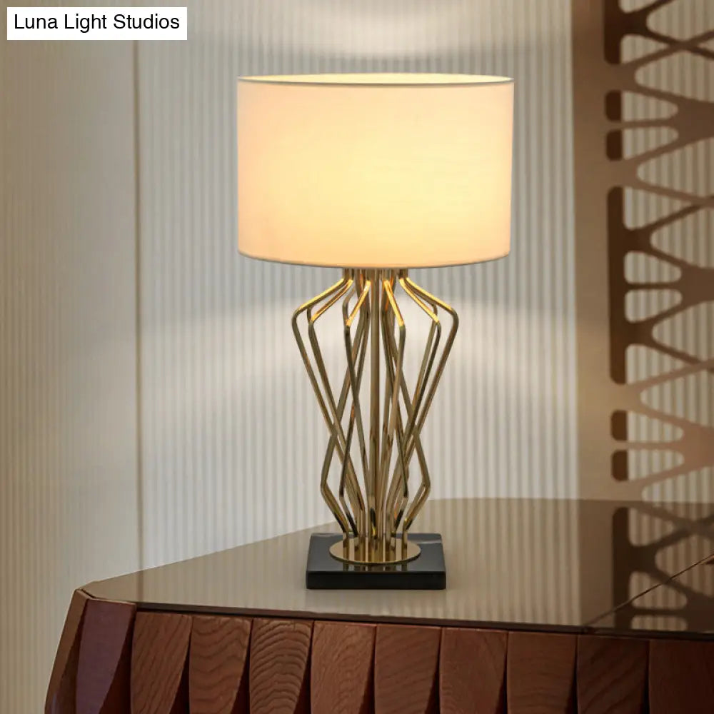 White Modern Bedside Table Lamp With Fabric Shade - 1 Bulb Nightstand Light