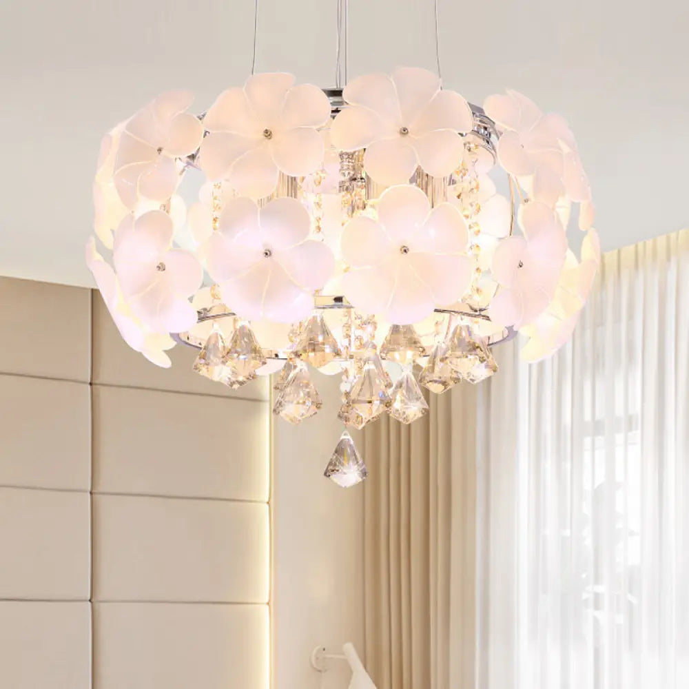 White Modern Flower Crystal Drum Chandelier Lamp 18/21.5 Wide / 18