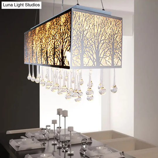 White Modern Island Light With 3 Waterdrop Crystal Heads And Forest Pattern