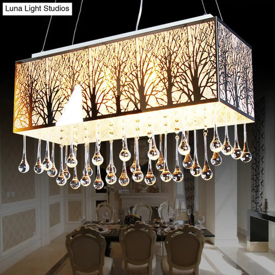 White Modern Island Light With 3 Waterdrop Crystal Heads And Forest Pattern