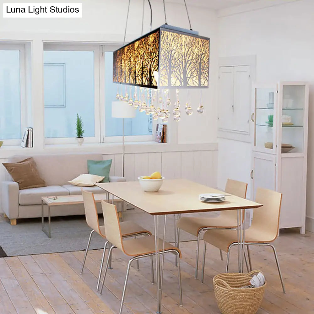 White Modern Island Light With 3 Waterdrop Crystal Heads And Forest Pattern