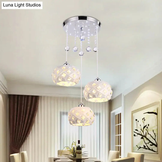 White Modernist Drum Pendant Light With 3 Crystal Heads For Dining Room