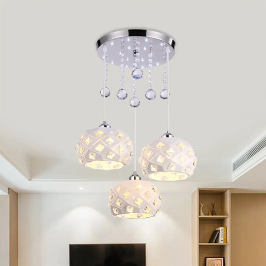 White Modernist Drum Cluster Pendant Iron Ceiling Lamp - 3 Heads With Crystal Detail For Dining Room