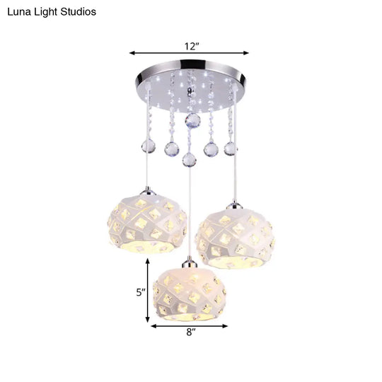 White Modernist Drum Cluster Pendant Iron Ceiling Lamp - 3 Heads With Crystal Detail For Dining Room