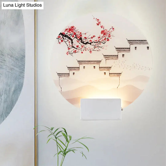 White Mountain Led Wall Light With Oriental Style Circular Mural