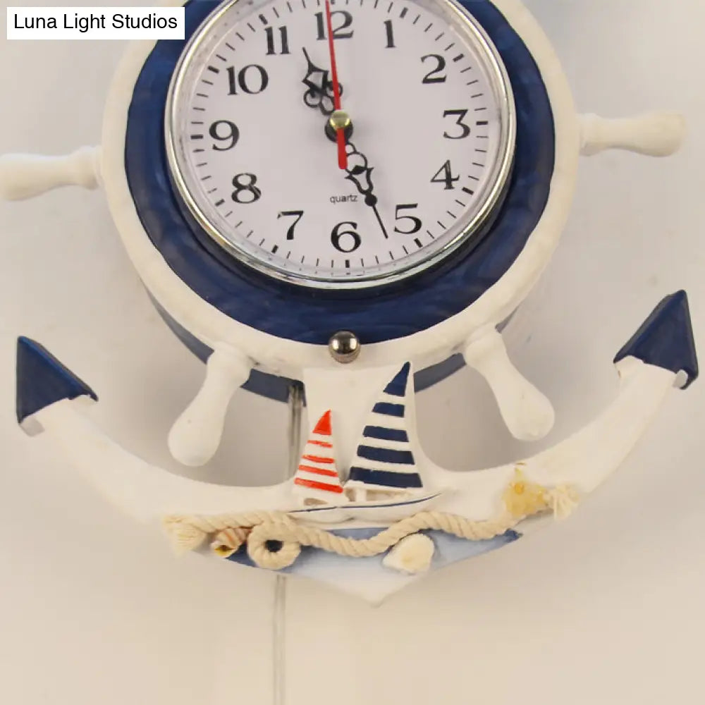 White Nautical Rudder Wall Sconce With Clock - Stylish Wood & Glass Light For Baby Room