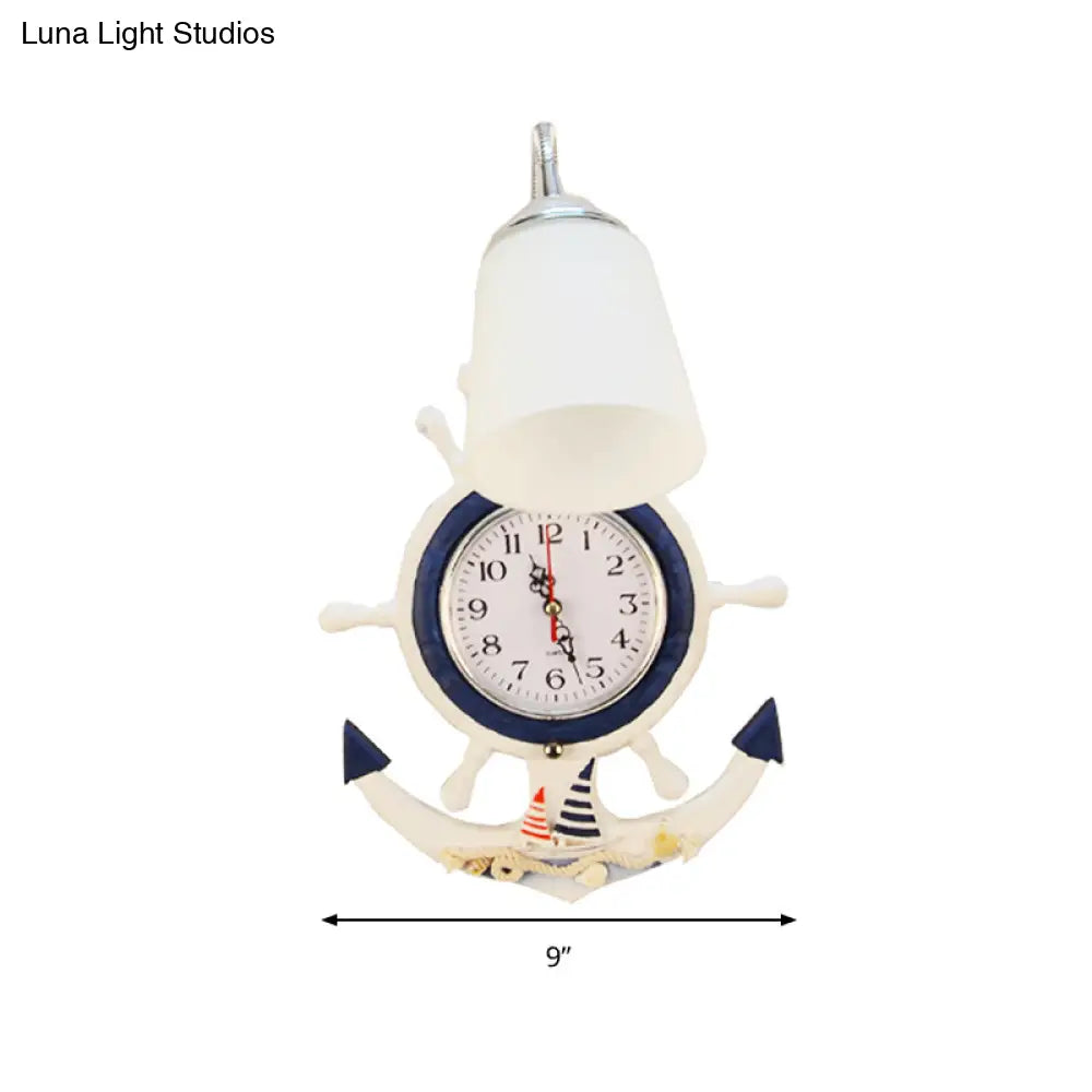 White Nautical Rudder Wall Sconce With Clock - Stylish Wood & Glass Light For Baby Room