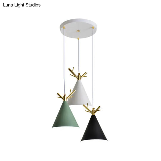 White Nordic Antler Pendant Light With 3 Metallic Conical Heads - Perfect For Dining Room