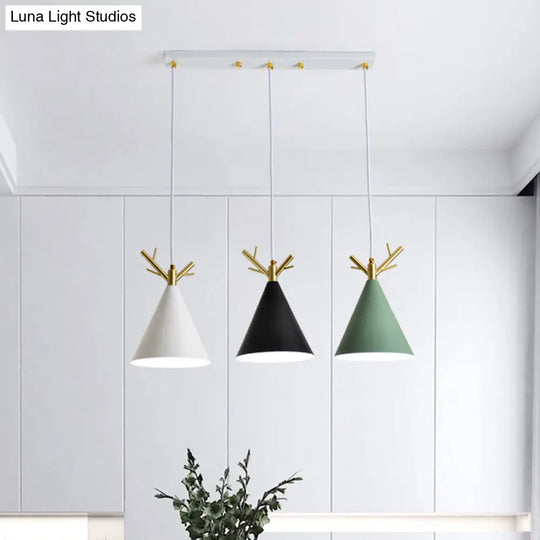 White Nordic Antler Pendant Light With 3 Metallic Conical Heads - Perfect For Dining Room