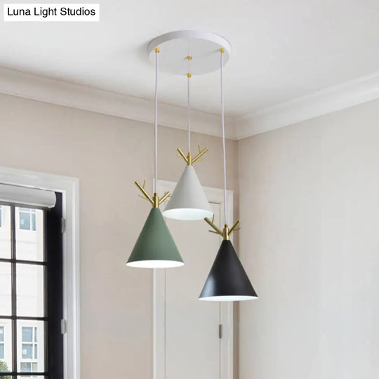 White Nordic Antler Pendant Light With 3 Metallic Conical Heads - Perfect For Dining Room