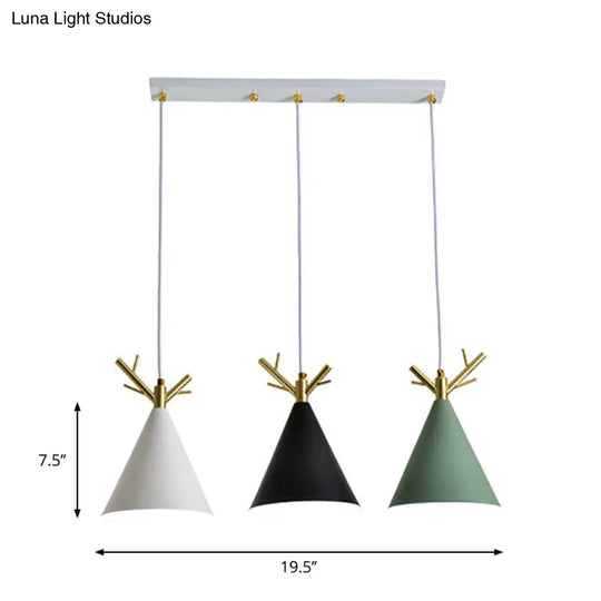 White Nordic Antler Pendant Light With 3 Metallic Conical Heads - Perfect For Dining Room