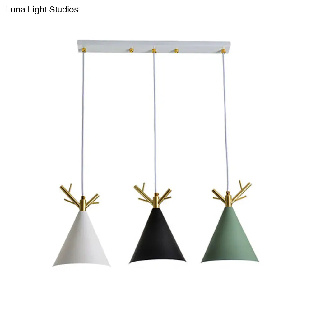 White Nordic Antler Pendant Light With 3 Metallic Conical Heads - Perfect For Dining Room