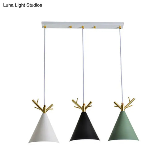 White Nordic Antler Pendant Light With 3 Metallic Conical Heads - Perfect For Dining Room