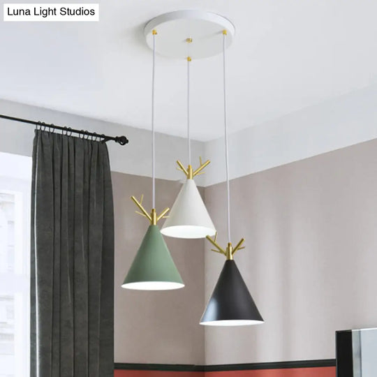 White Nordic Antler Pendant Light With 3 Metallic Conical Heads - Perfect For Dining Room