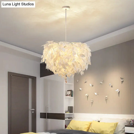 Sleek Nordic Fabric Pendant Light: White Domed Suspension For Living Room / 19.5 Leaf