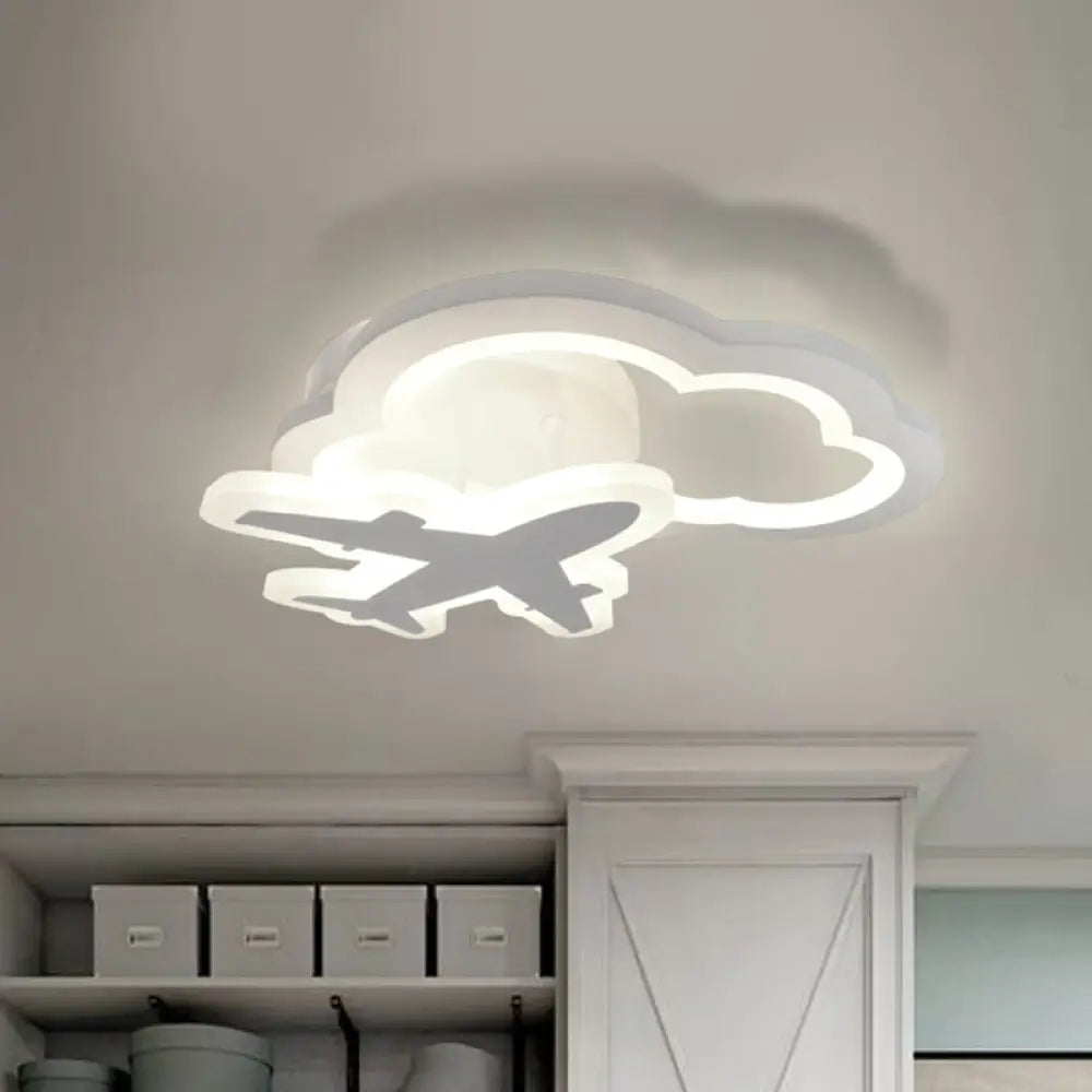 White Nordic Led Semi - Flush Foyer Lamp With Airplane Moon And Cloud Design /