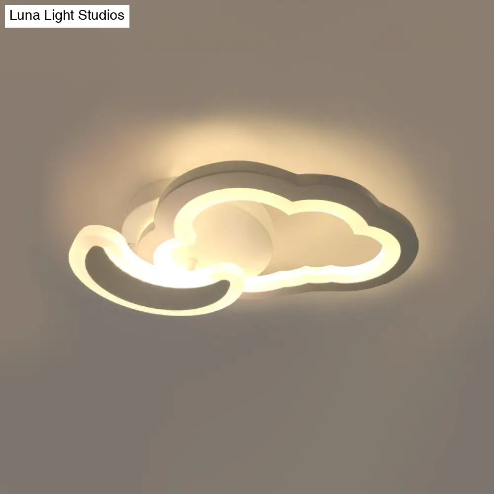 White Nordic Led Semi - Flush Foyer Lamp With Airplane Moon And Cloud Design