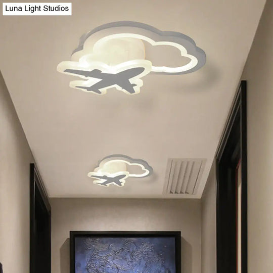 White Nordic Led Semi-Flush Foyer Lamp With Airplane Moon And Cloud Design