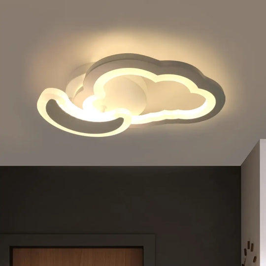 White Nordic Led Semi - Flush Foyer Lamp With Airplane Moon And Cloud Design /