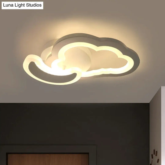 White Nordic Led Semi-Flush Foyer Lamp With Airplane Moon And Cloud Design /