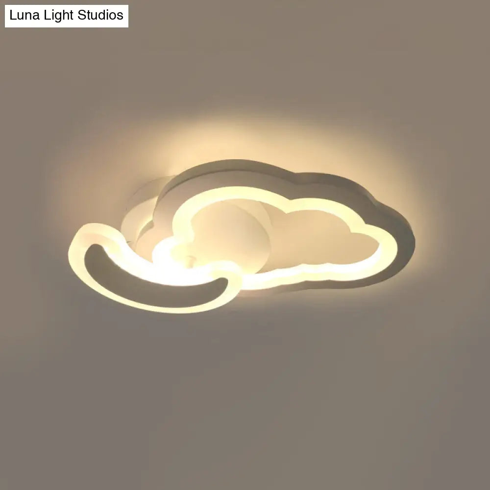 White Nordic Led Semi-Flush Foyer Lamp With Airplane Moon And Cloud Design