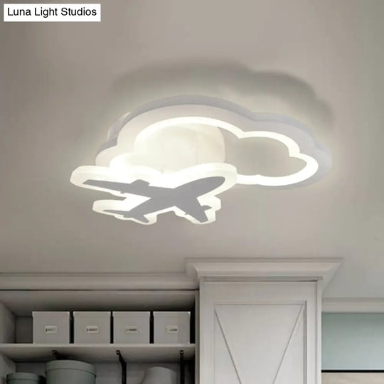 White Nordic Led Semi-Flush Foyer Lamp With Airplane Moon And Cloud Design /