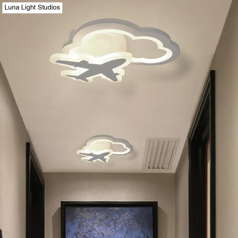 White Nordic Led Semi - Flush Foyer Lamp With Airplane Moon And Cloud Design