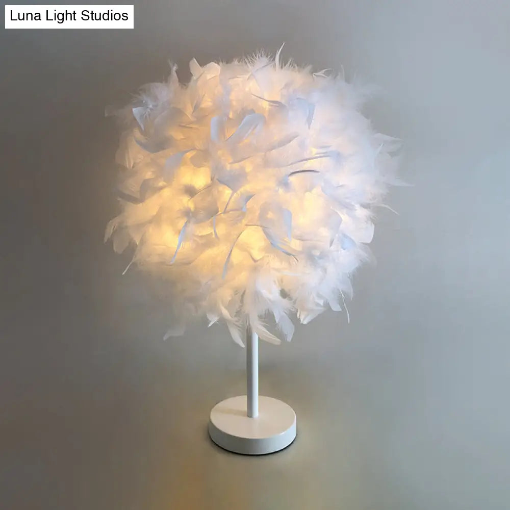 White Nordic Style Feather Sphere 1-Light Table Lamp For Bedroom