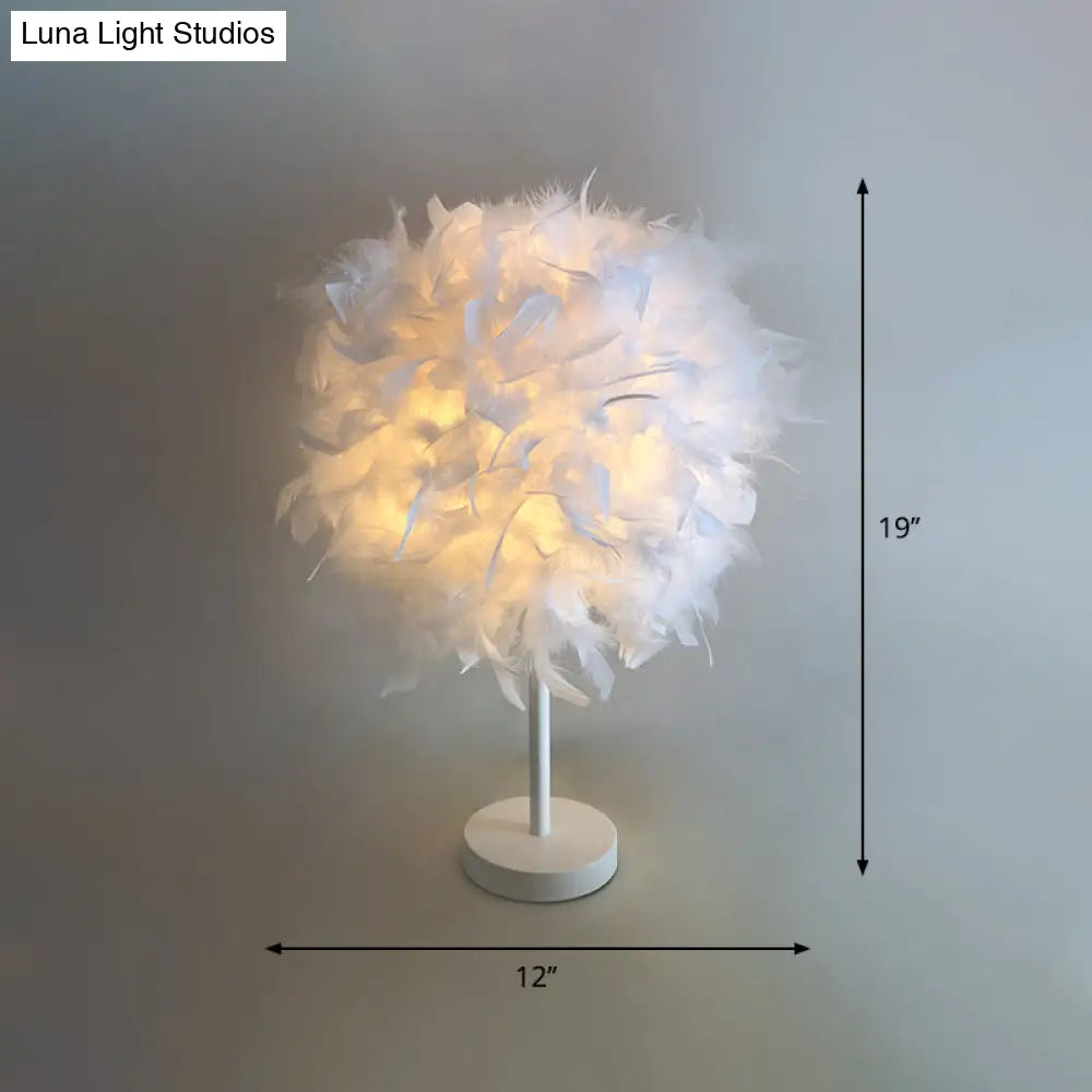 White Nordic Style Feather Sphere 1-Light Table Lamp For Bedroom