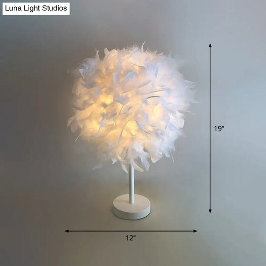 White Nordic Style Feather Sphere 1-Light Table Lamp For Bedroom