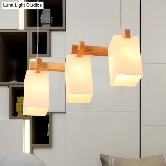 White Nordic Wooden Chandelier With Rectangle Glass Shades - Triple Light Linear Island Lighting For