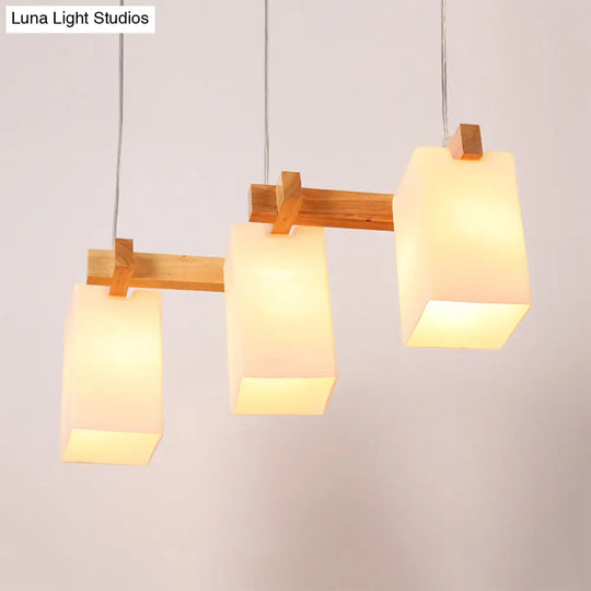 White Nordic Wooden Chandelier With Rectangle Glass Shades - Triple Light Linear Island Lighting For