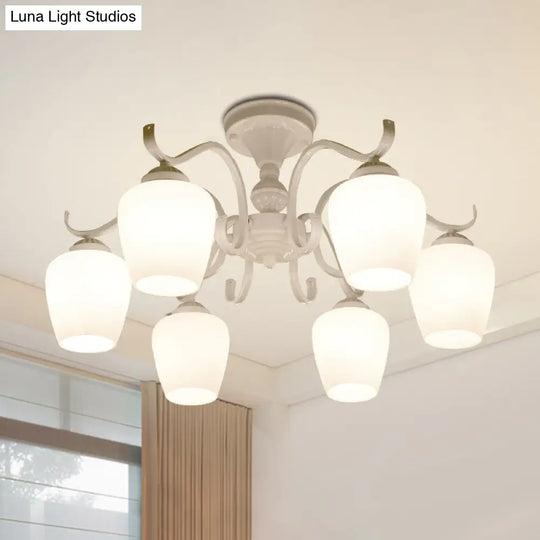 White Opaline Glass Cone Ceiling Lamp - 6-Light Semi Flush Chandelier In Countryside Style 18.5/24.5