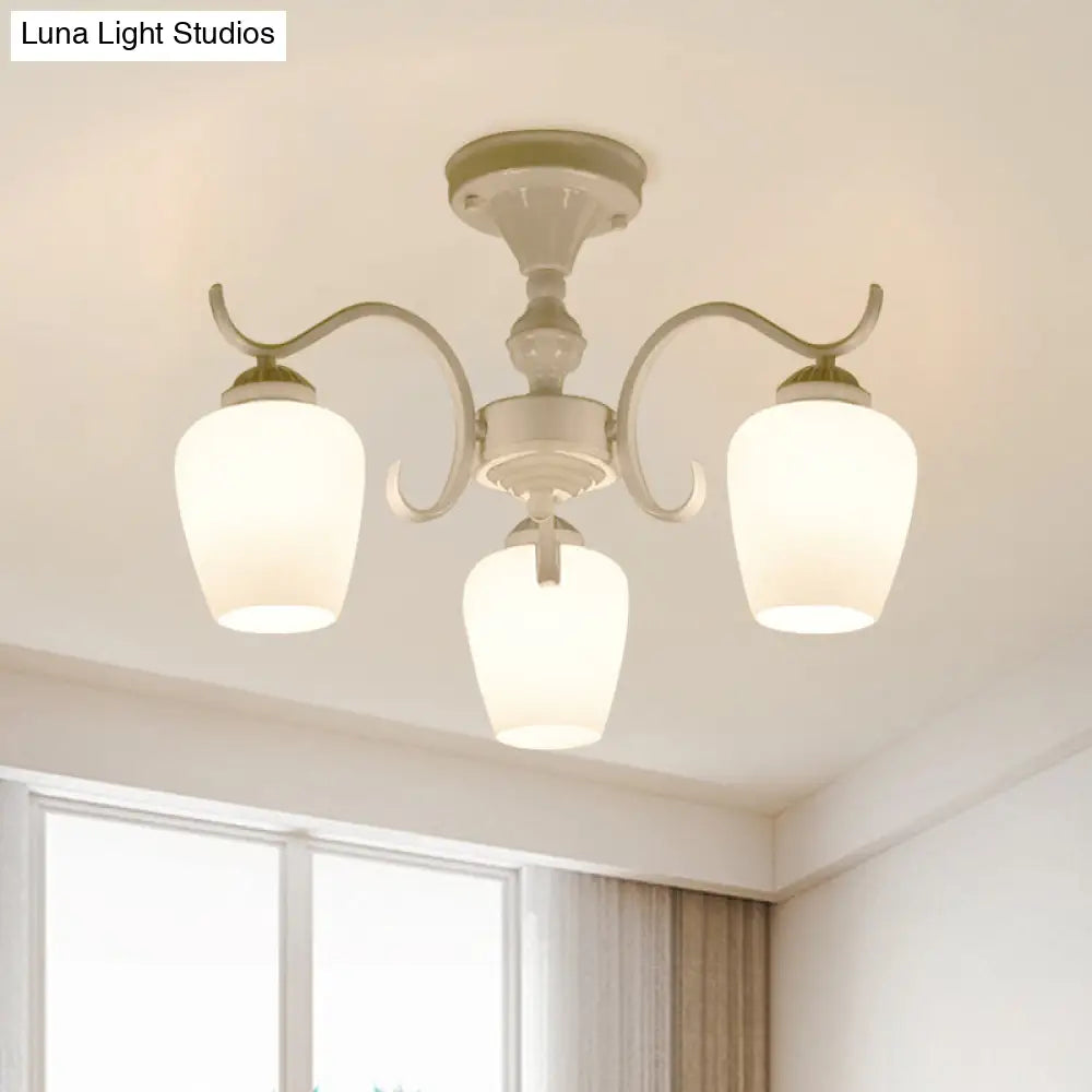 White Opaline Glass Cone Ceiling Lamp - 6 - Light Semi Flush Chandelier In Countryside Style