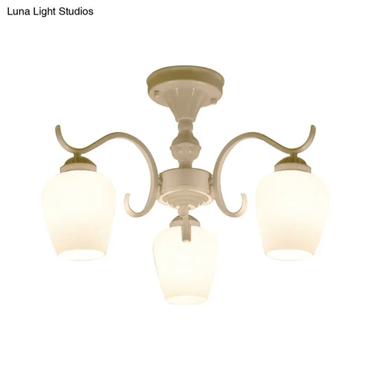 White Opaline Glass Cone Ceiling Lamp - 6 - Light Semi Flush Chandelier In Countryside Style