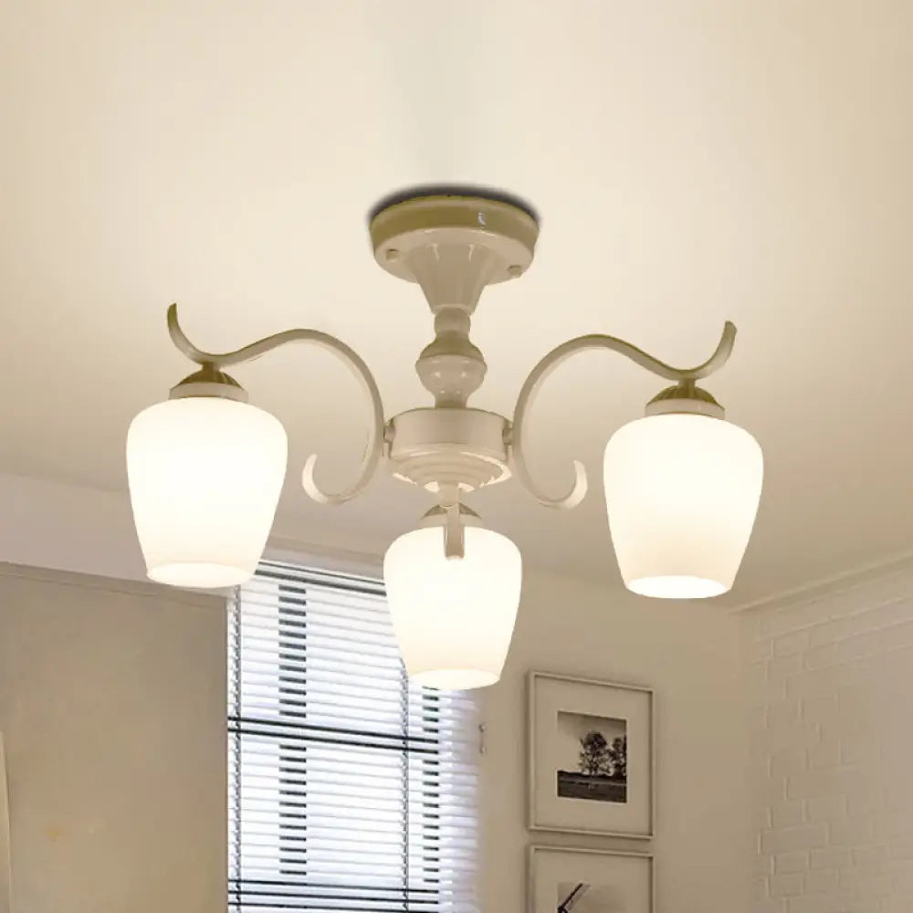 White Opaline Glass Cone Ceiling Lamp - 6 - Light Semi Flush Chandelier In Countryside Style