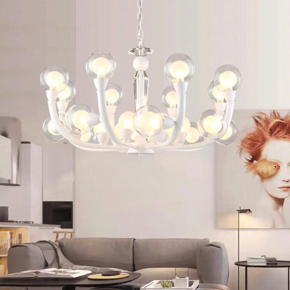 White Orb Chandelier - Modern 15/24-Light Lobby Ceiling Lamp With Clear And Frosted Glass Shades 24