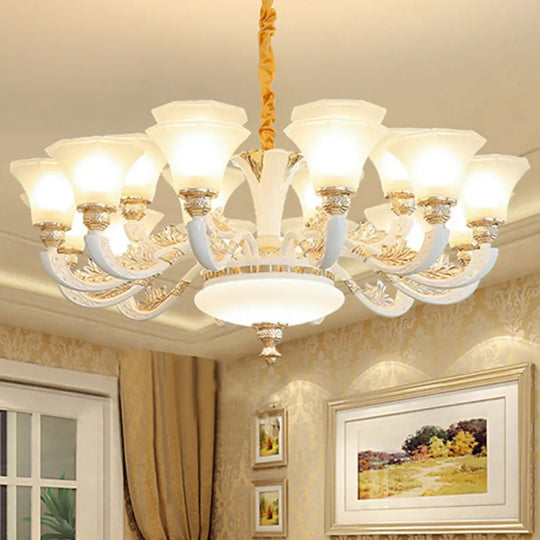 White Paneled Chandelier With Frosted Glass Shade - Simple Suspension Lamp 18 /